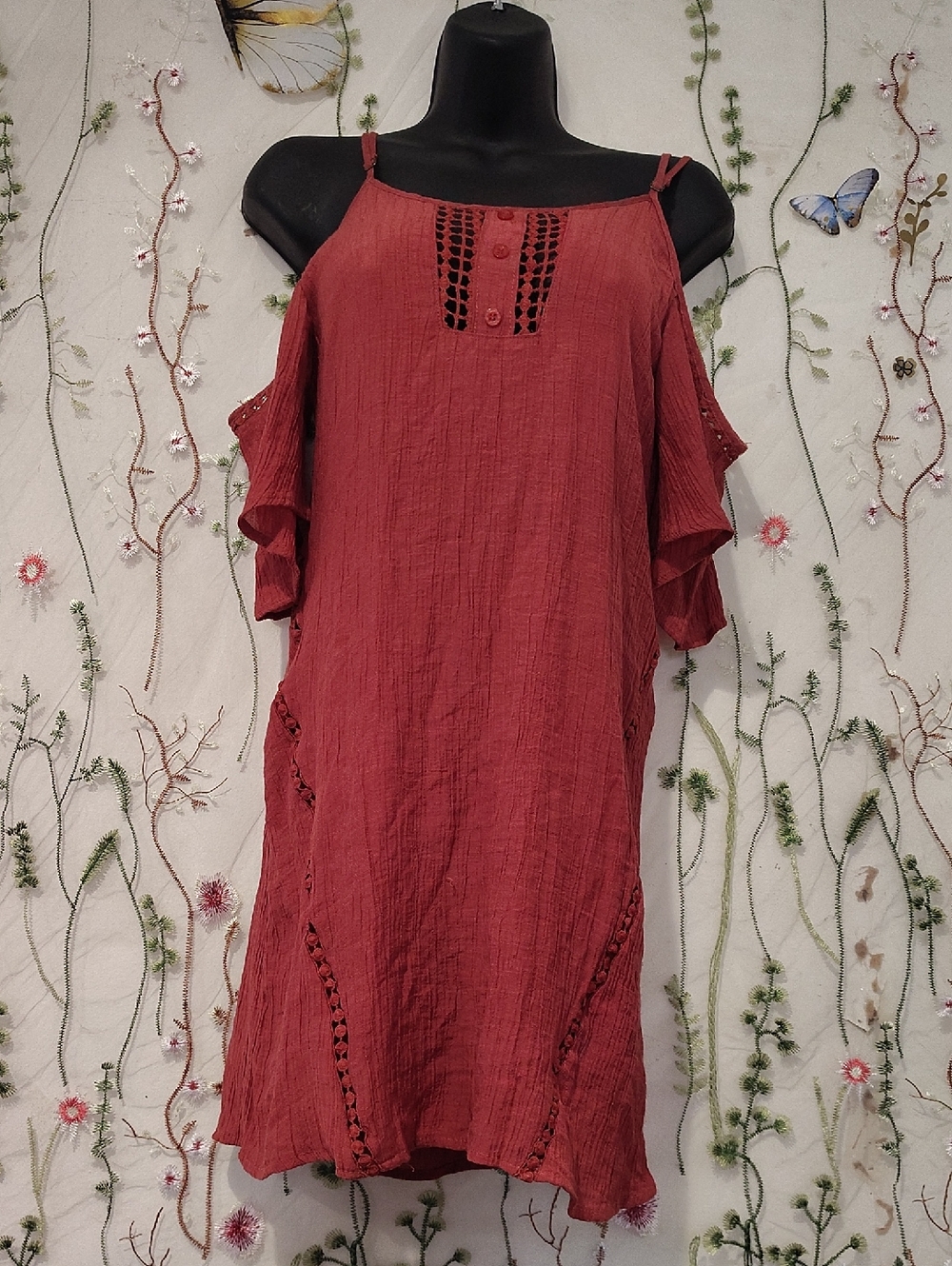 Boho Rust Crinkle Gauze Cold Shoulder Rust Red Cold-Shoulder Crochet Trim Dress